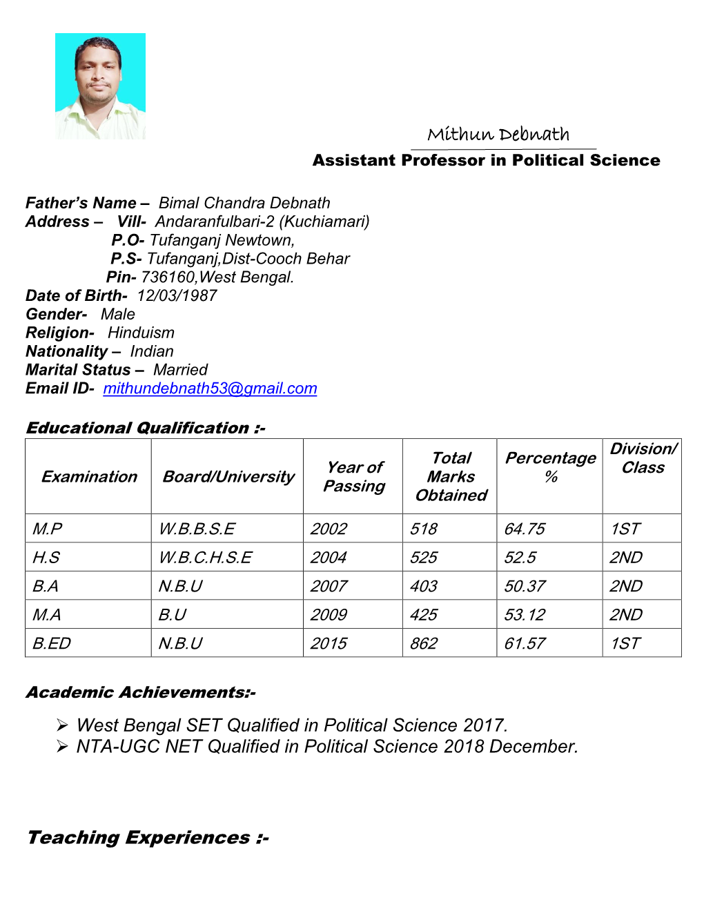 Mithun Debnath Assistant Professor in Political Science