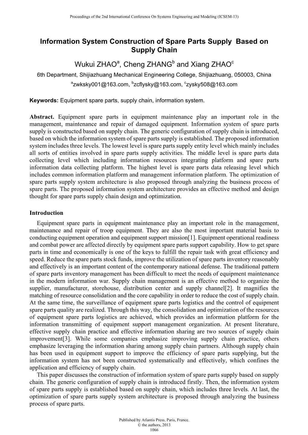 Information System Construction of Spare Parts Supply Based on Supply Chain