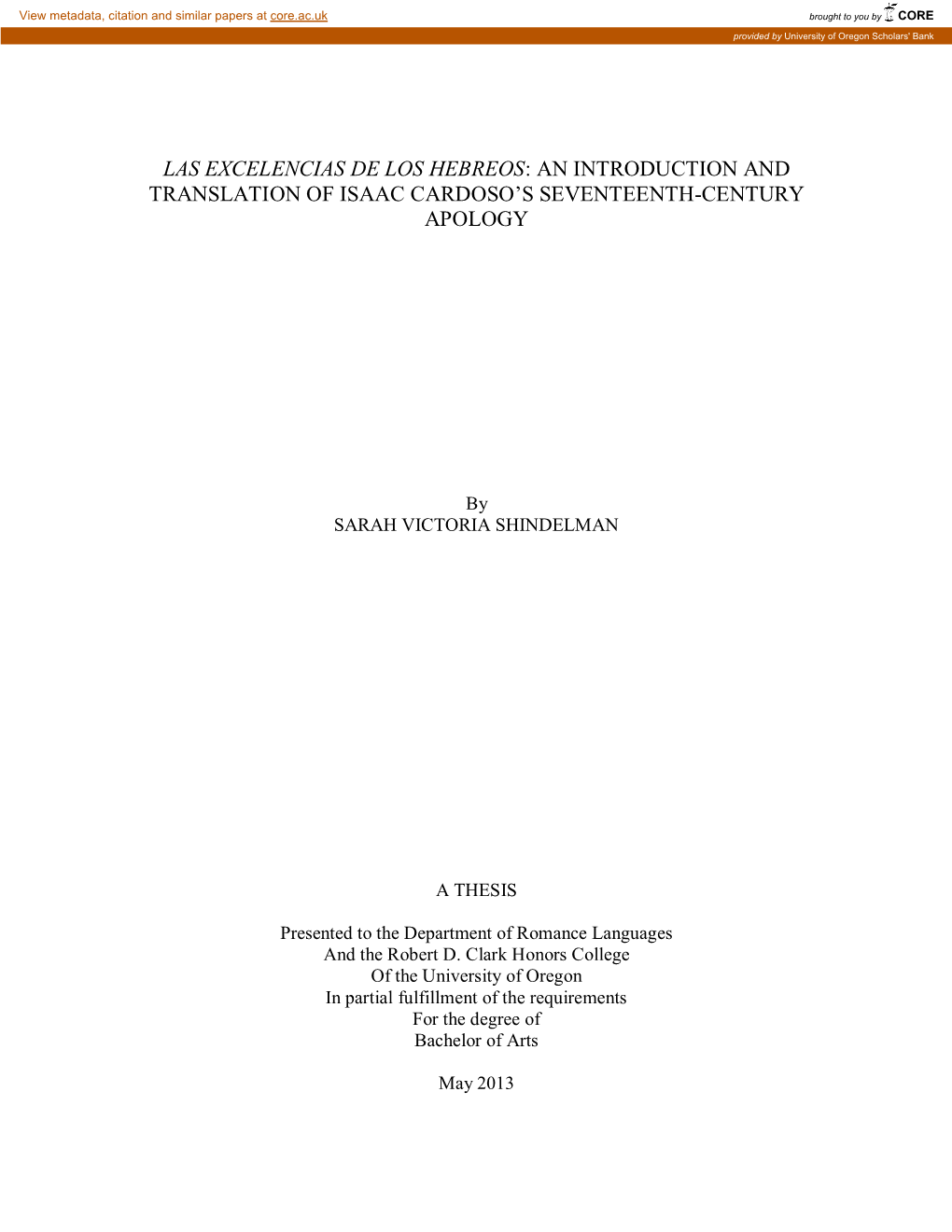 Las Excelencias De Los Hebreos: an Introduction and Translation of Isaac Cardoso's Seventeenth-Century Apology