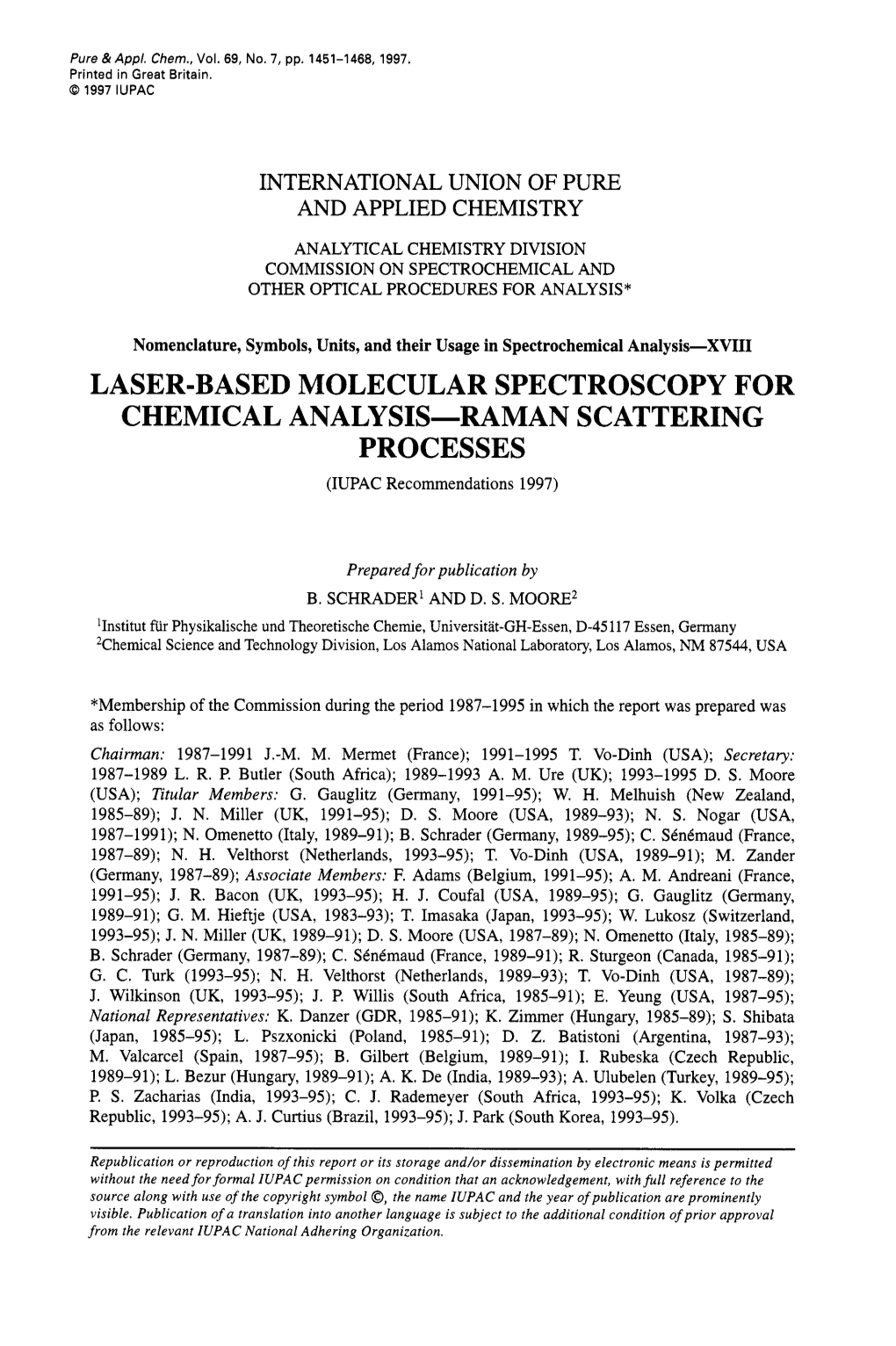 LASER-BASED MOLECULAR SPECTROSCOPY for CHEMICAL ANALYSIS-RAMAN SCATTERING PROCESSES (IUPAC Recommendations 1997)