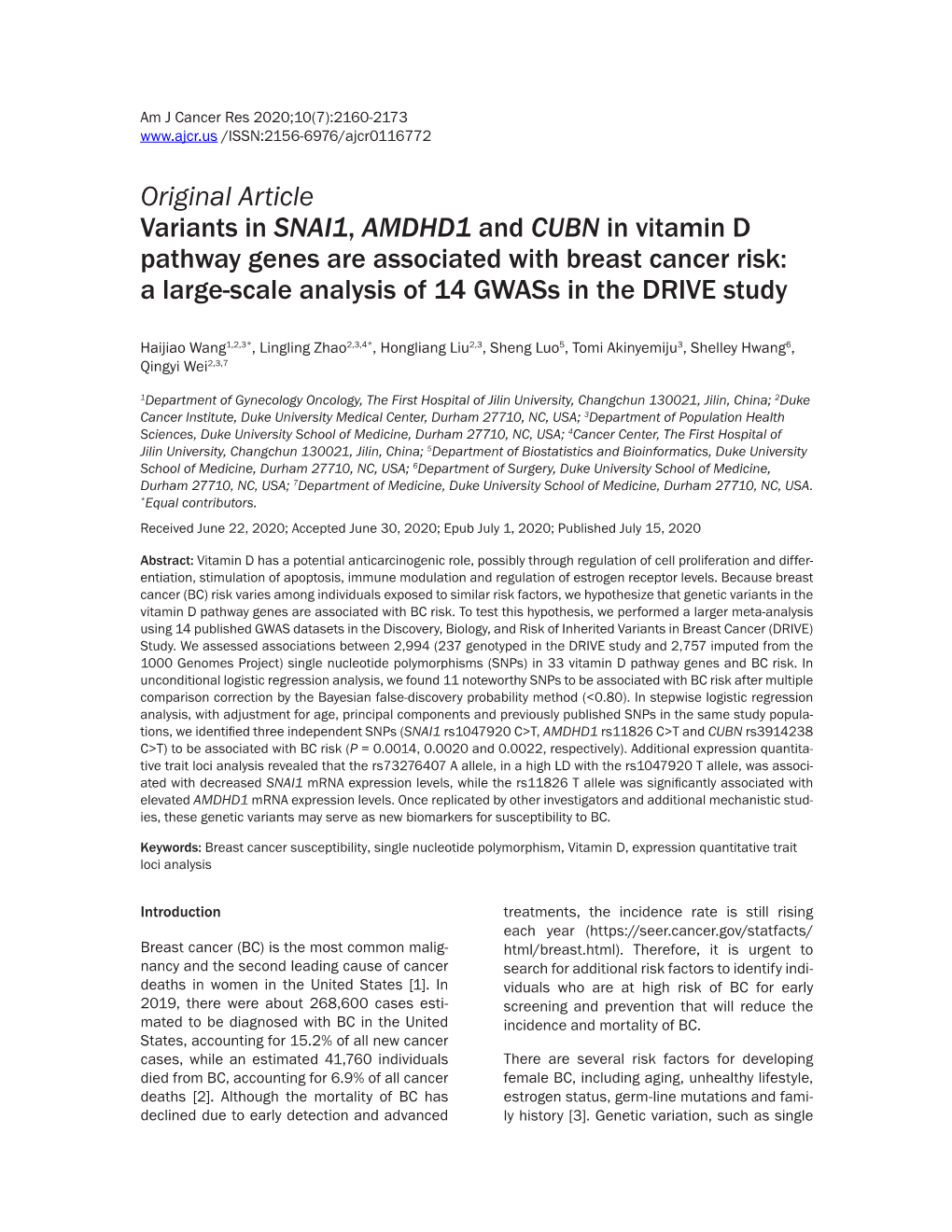 Original Article Variants in SNAI1, AMDHD1 and CUBN in Vitamin D