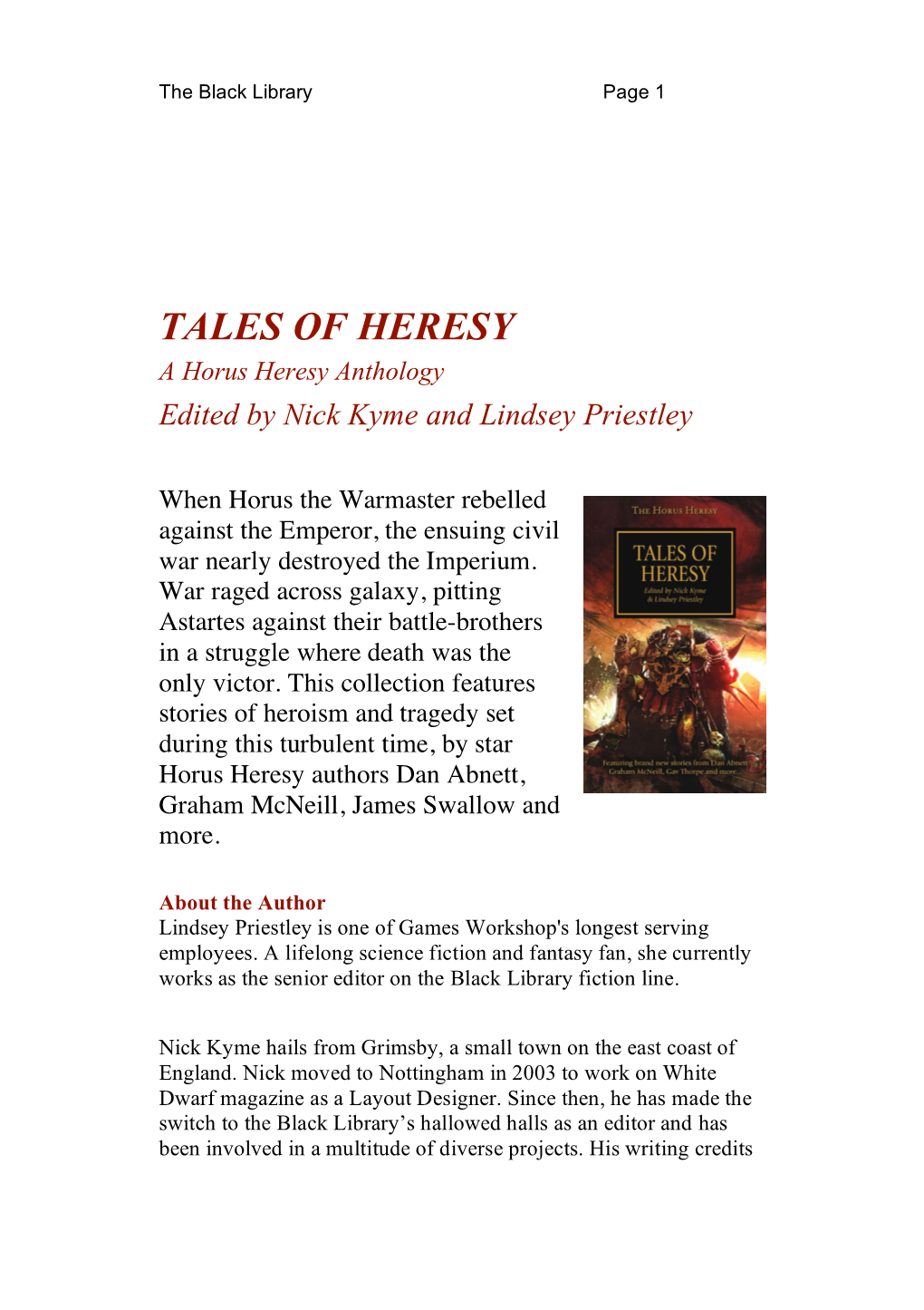 TALES of HERESY a Horus Heresy Anthology Edited by Nick Kyme and Lindsey Priestley