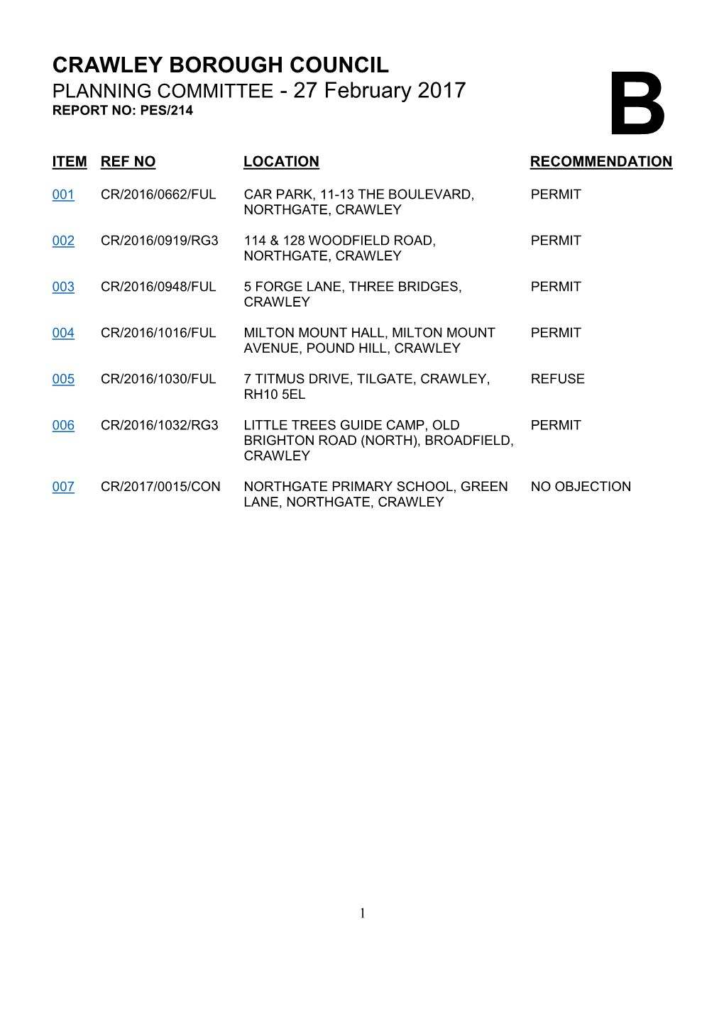 CRAWLEY BOROUGH COUNCIL PLANNING COMMITTEE - 27 February 2017 REPORT NO: PES/214 B ITEM REF NO LOCATION RECOMMENDATION