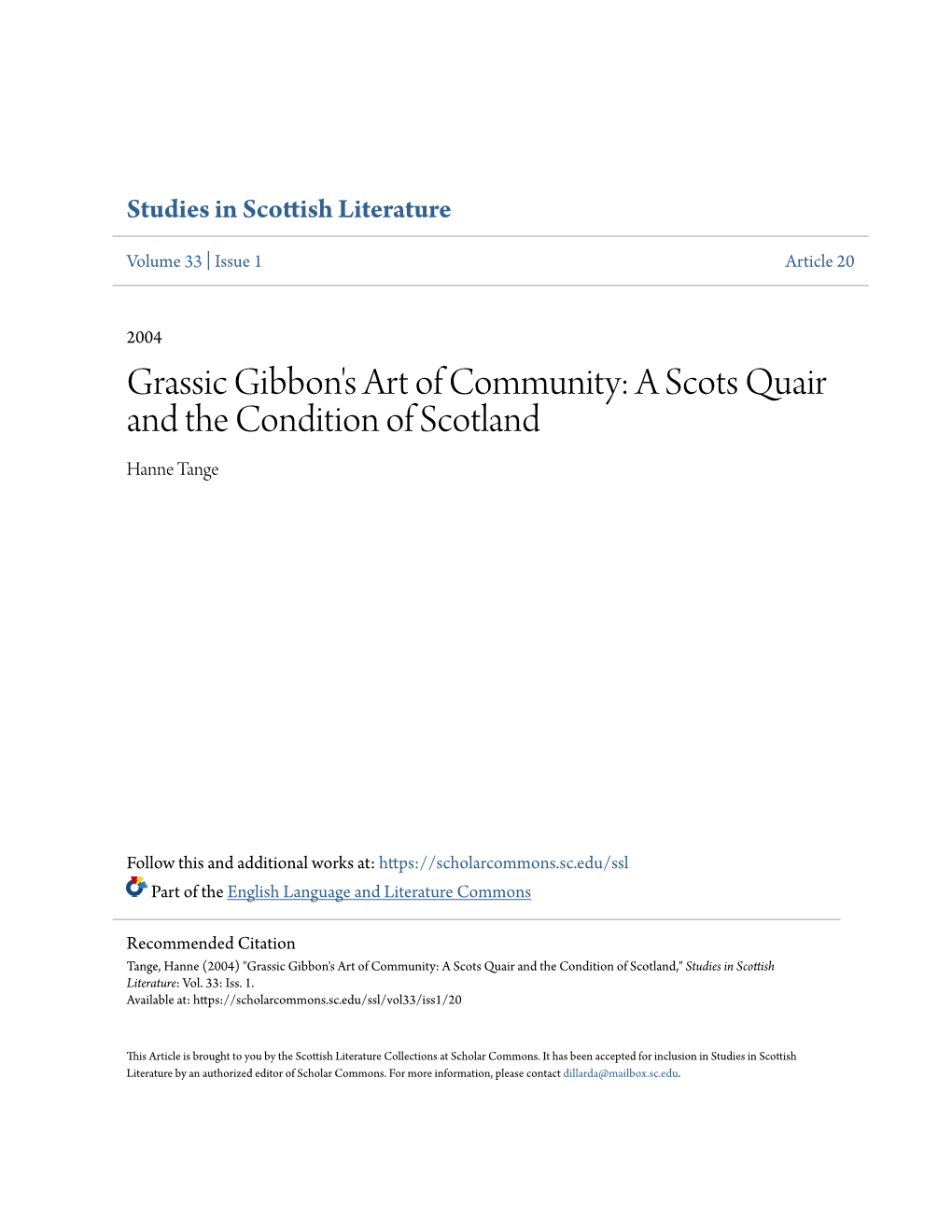 A Scots Quair and the Condition of Scotland Hanne Tange