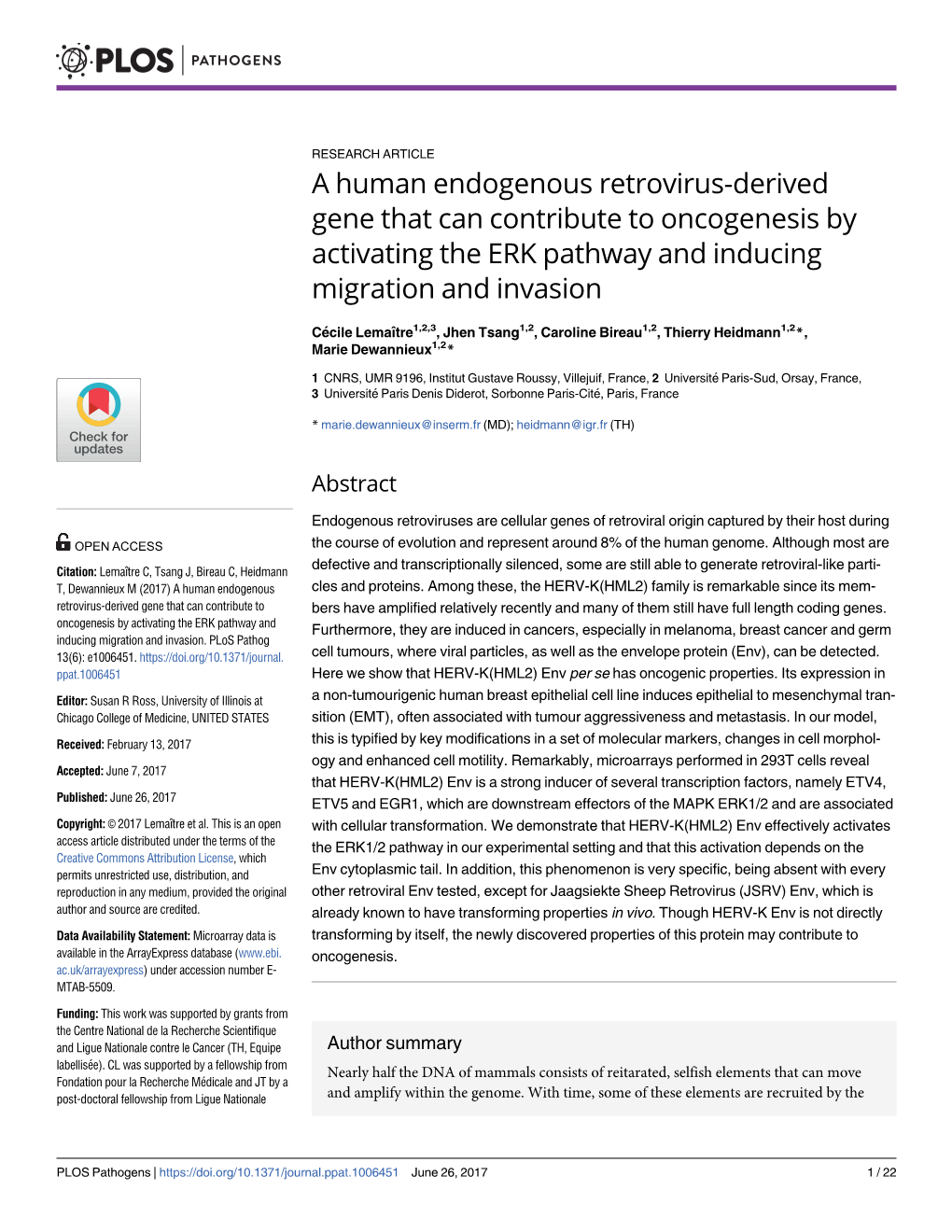 A Human Endogenous Retrovirus-Derived Gene That Can Contribute to Oncogenesis by Activating the ERK Pathway and Inducing Migration and Invasion