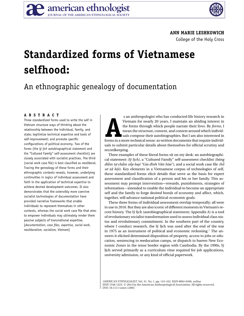 Standardized Forms of Vietnamese Selfhood: an Ethnographic Genealogy of Documentation