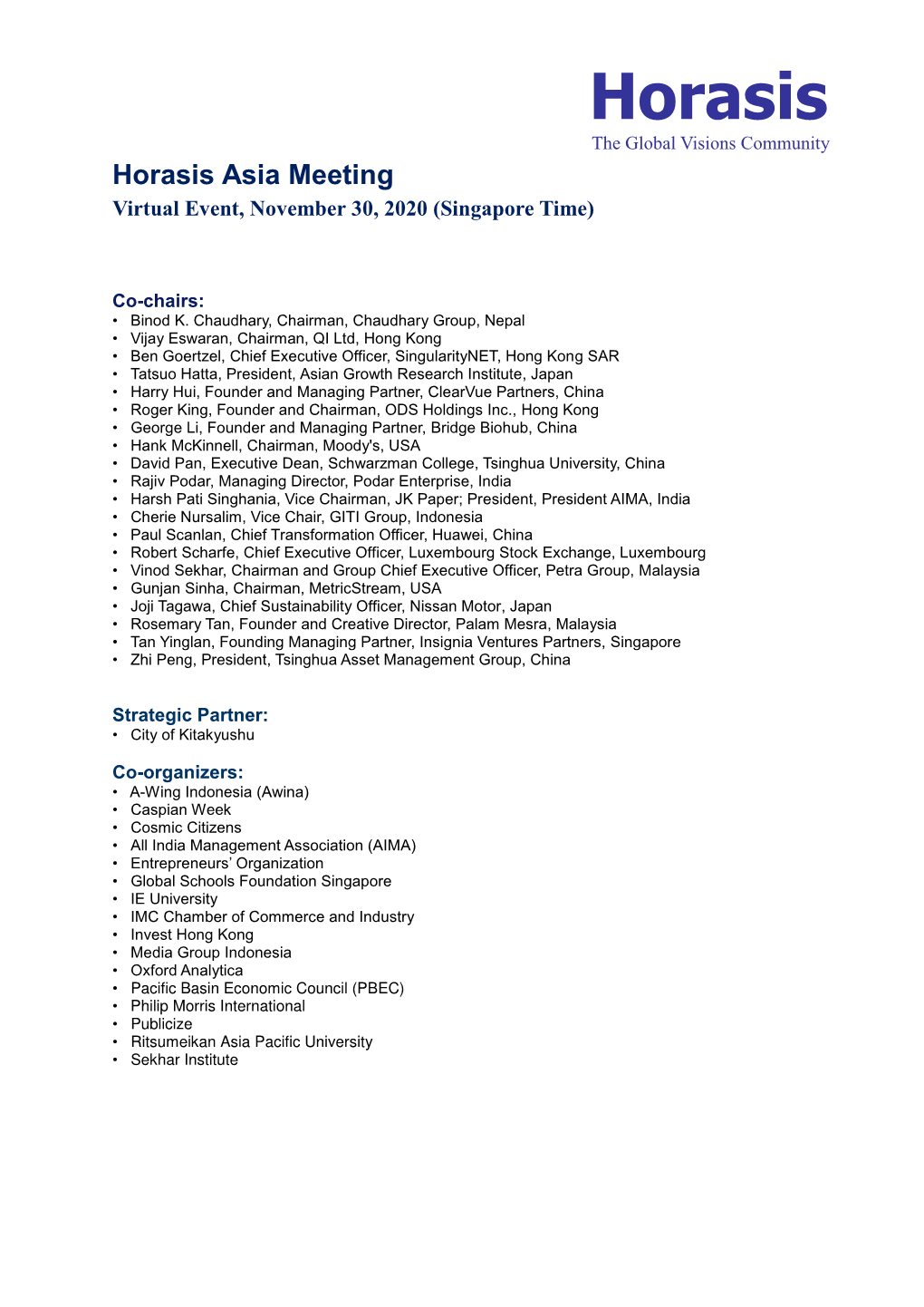 Horasis Asia Meeting Virtual Event, November 30, 2020 (Singapore Time)