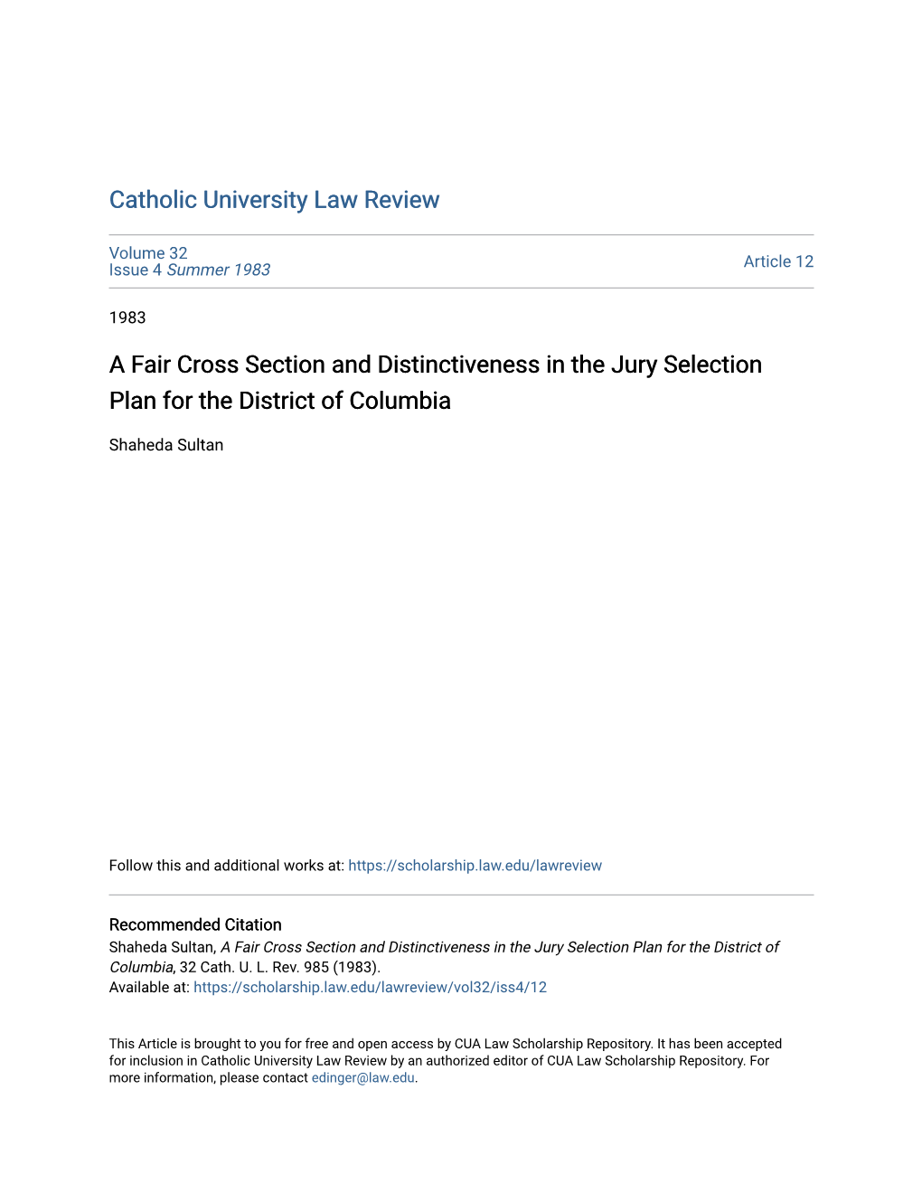 A Fair Cross Section and Distinctiveness in the Jury Selection Plan for the District of Columbia