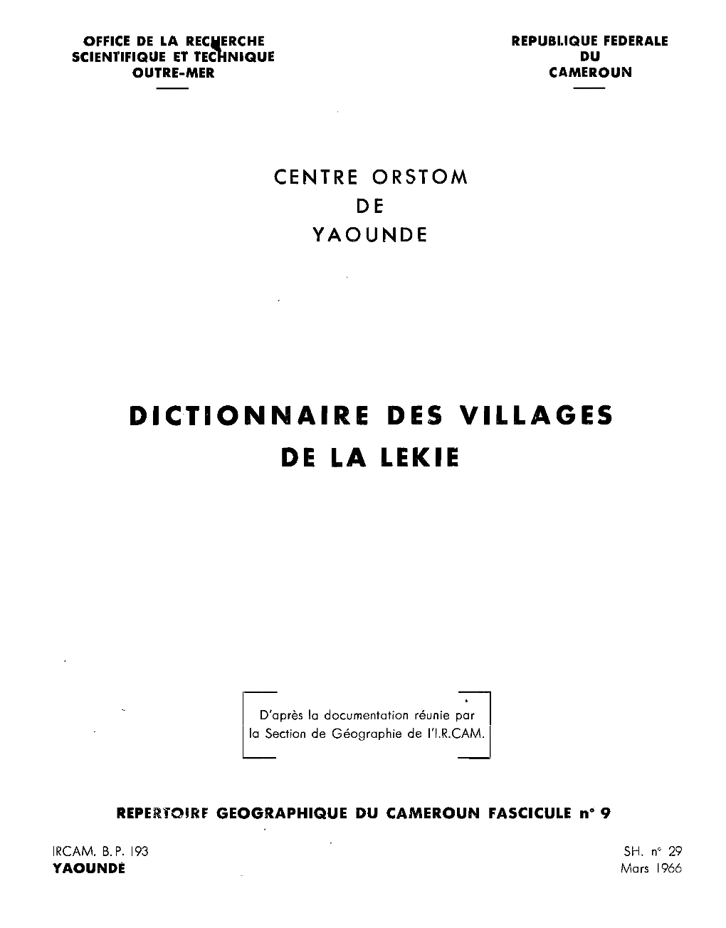 Dictionnaire Des Villages De La Lekié