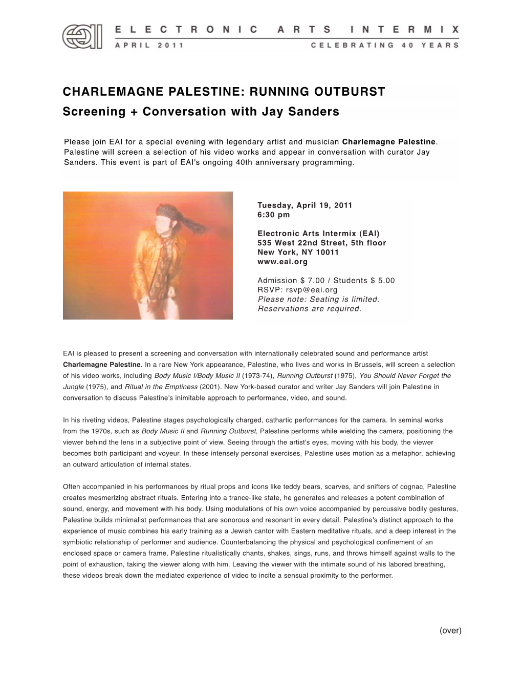 CHARLEMAGNE PALESTINE: RUNNING OUTBURST Screening + Conversation with Jay Sanders