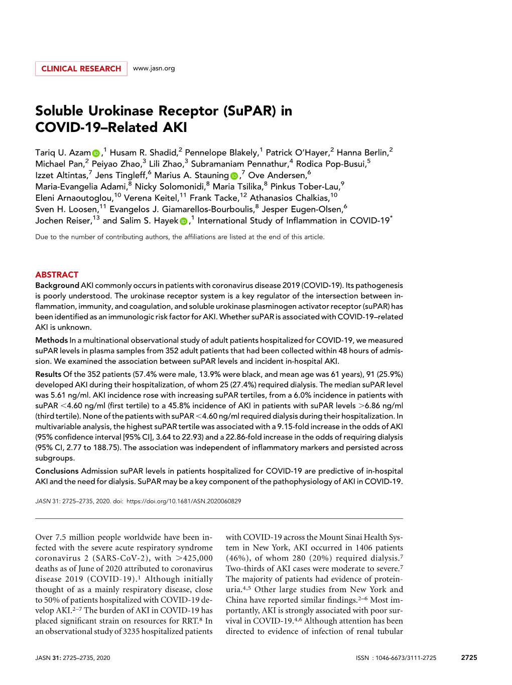 Soluble Urokinase Receptor (Supar) in COVID-19–Related AKI