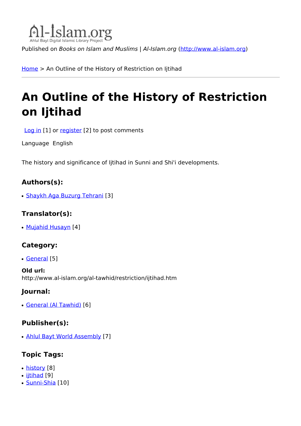 An Outline of the History of Restriction on Ijtihad