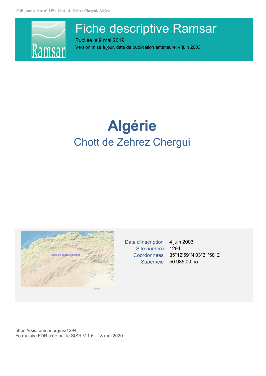 Algérie Fiche Descriptive Ramsar Publiée Le 9 Mai 2019 Version Mise À Jour, Date De Publication Antérieure: 4 Juin 2003