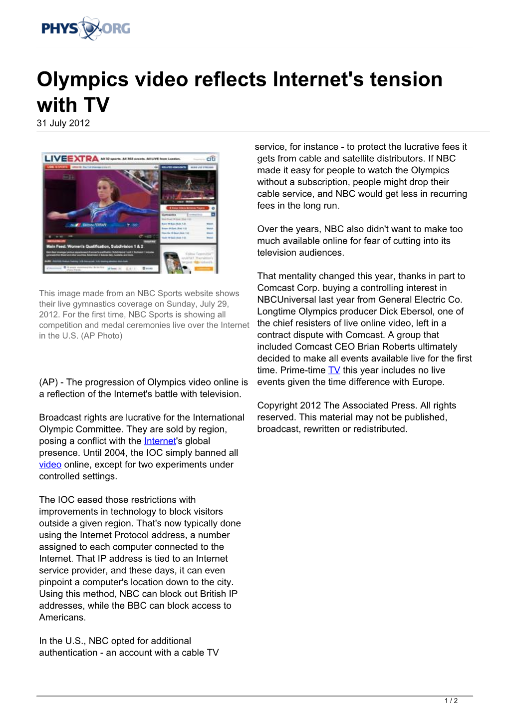 Olympics Video Reflects Internet's Tension with TV 31 July 2012