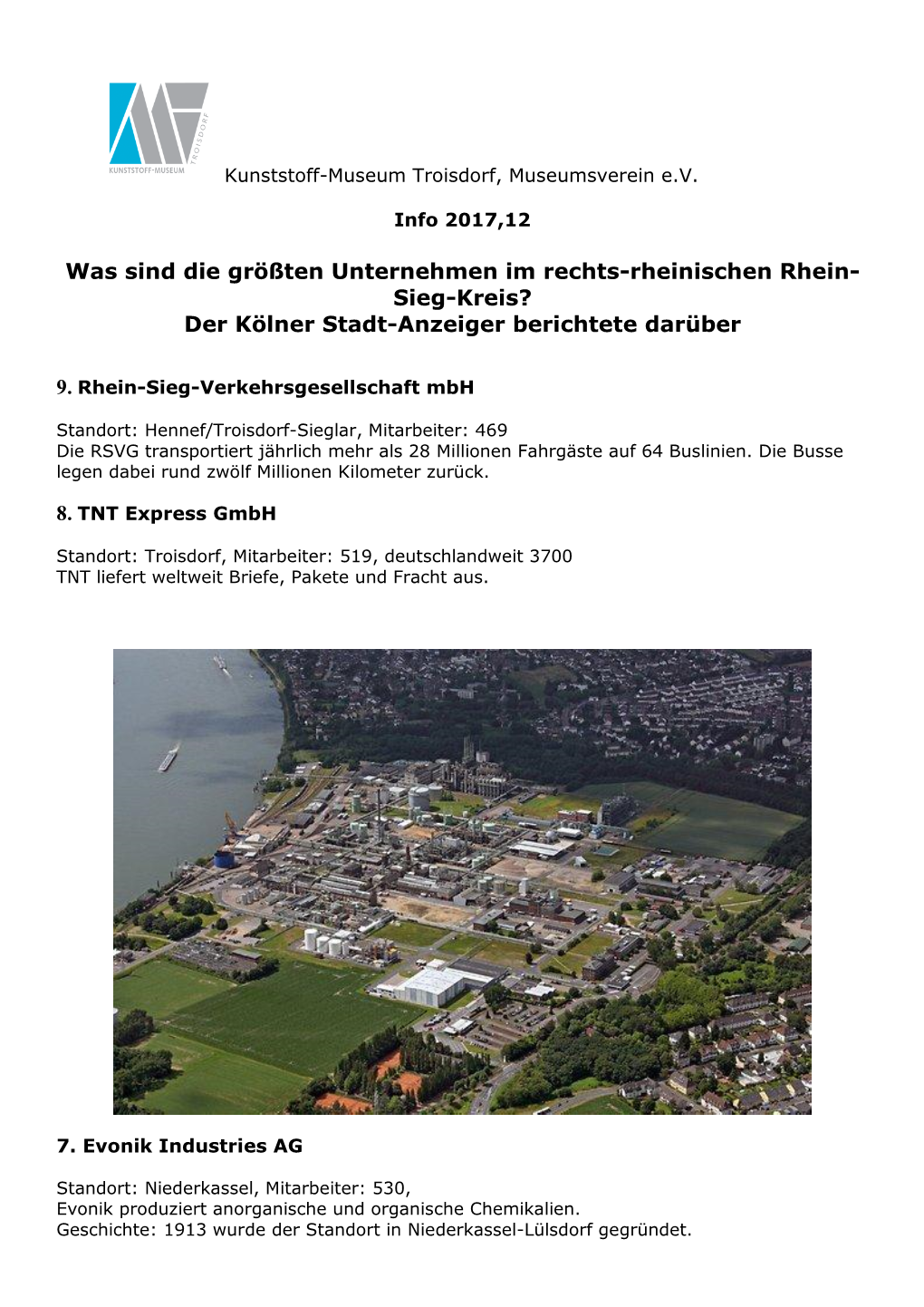 Was Sind Die Größten Unternehmen Im Rechts-Rheinischen Rhein- Sieg-Kreis? Der Kölner Stadt-Anzeiger Berichtete Darüber