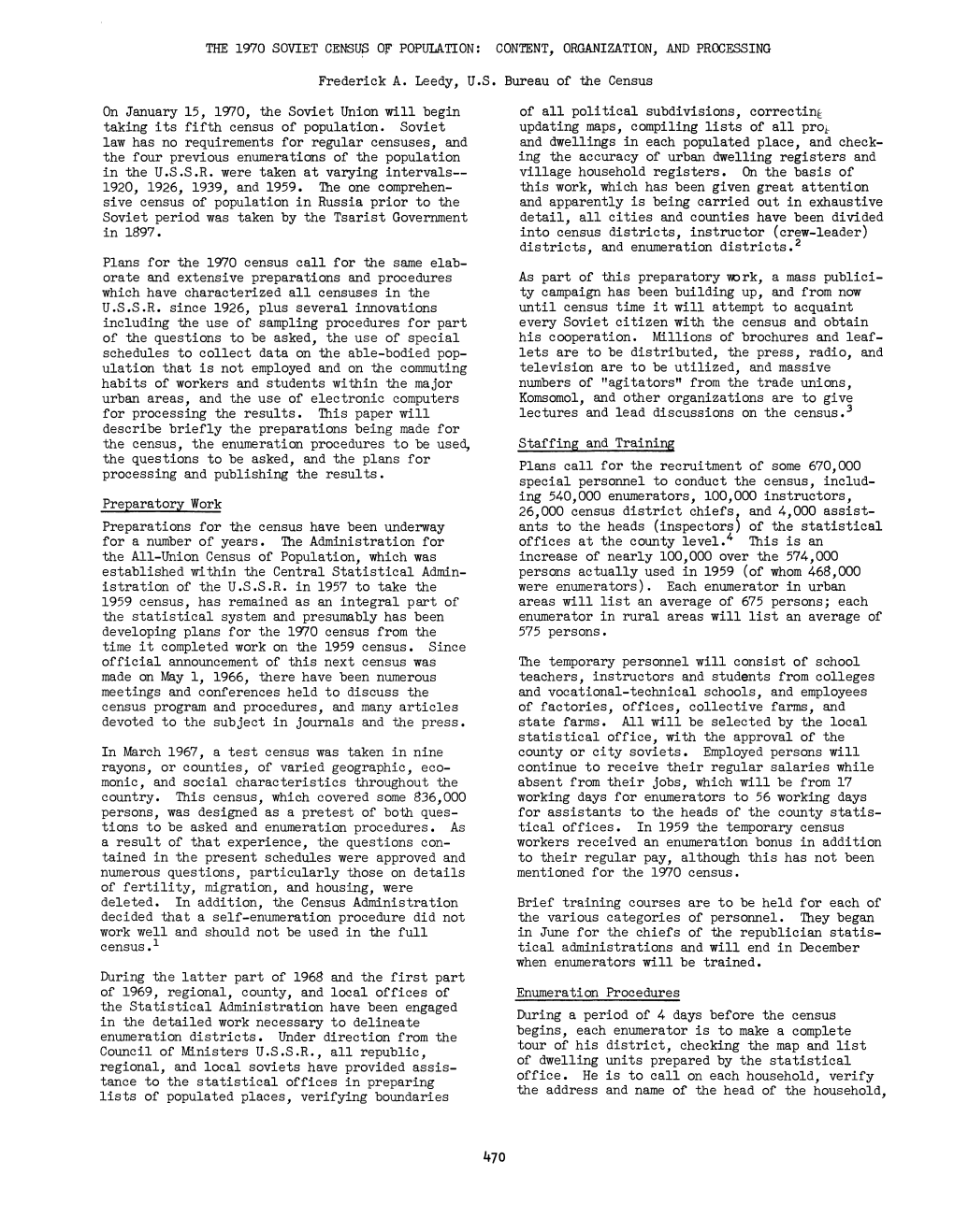 The 1970 Soviet Census of Population: Content, Organization, and Processing