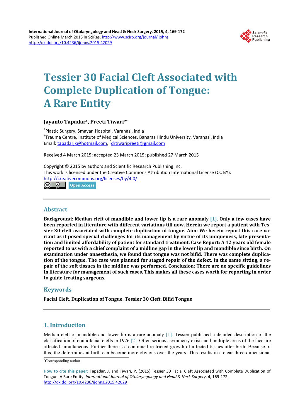 Tessier 30 Facial Cleft Associated with Complete Duplication of Tongue: a Rare Entity