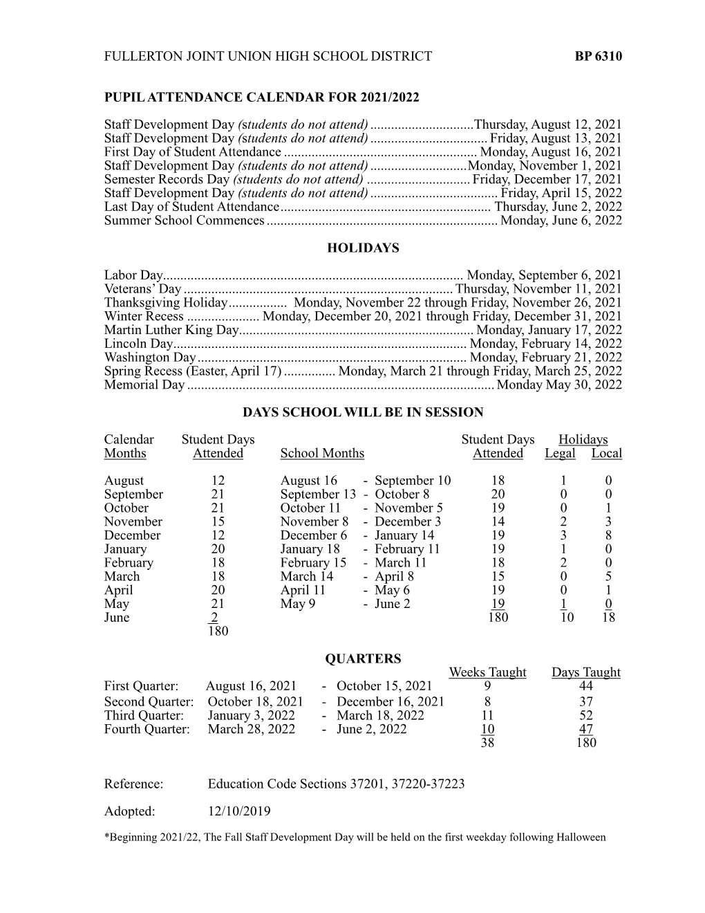 Student Attendance Calendar for 2021/2022