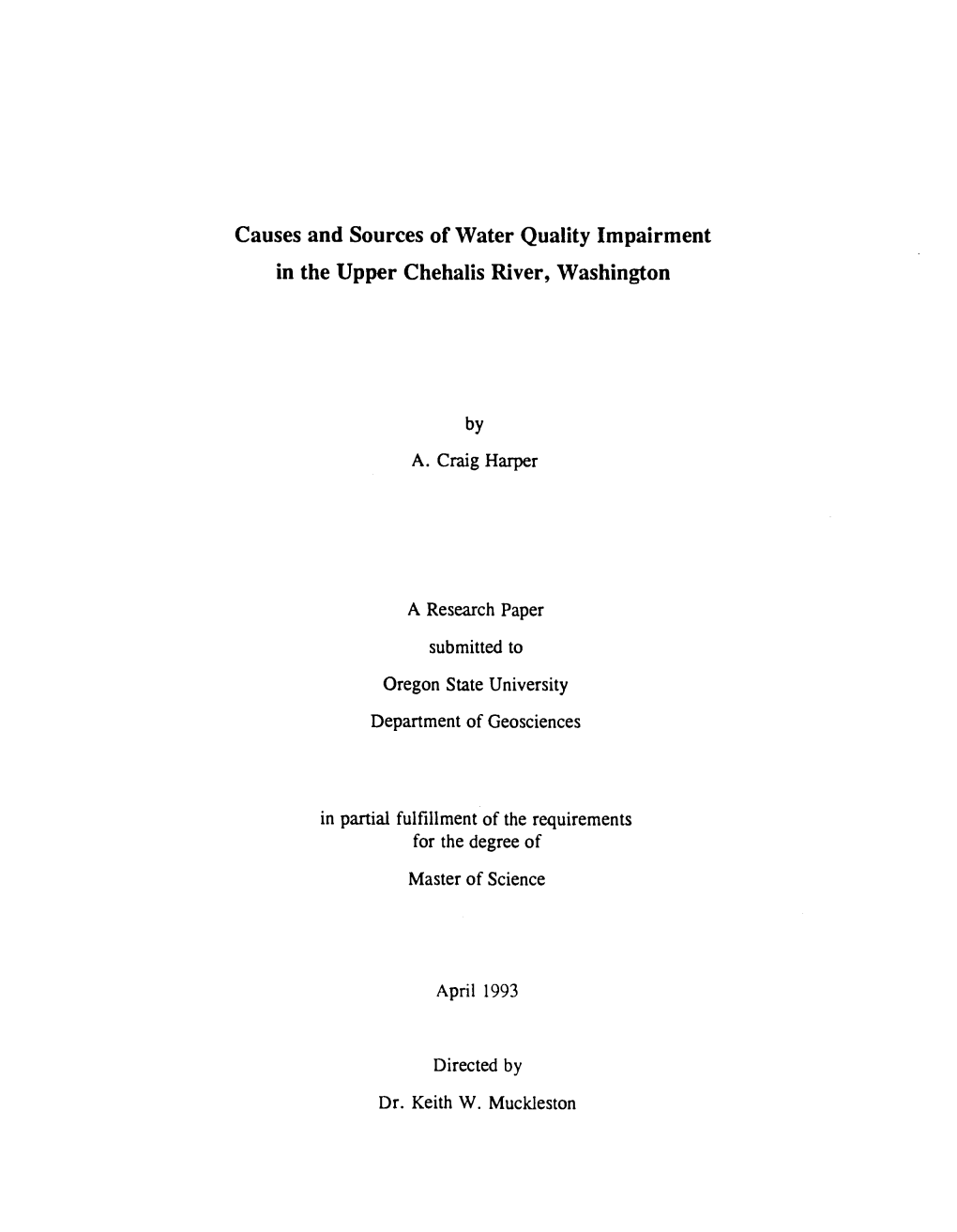 Causes and Sources of Water Quality Impairment in the Upper Chehalis River, Washington