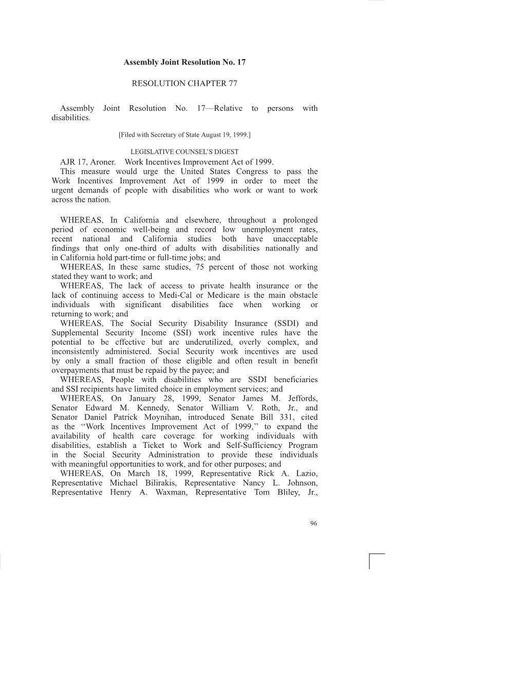 Assembly Joint Resolution No. 17 RESOLUTION CHAPTER 77 Assembly Joint Resolution No. 17—Relative to Persons with Disabilities