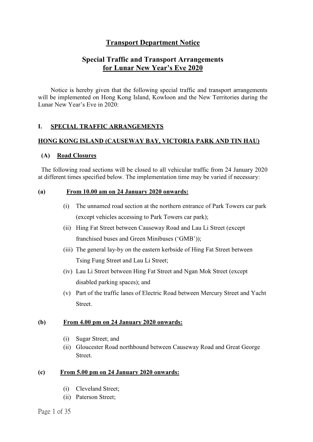 Transport Department Notice Special Traffic and Transport Arrangements