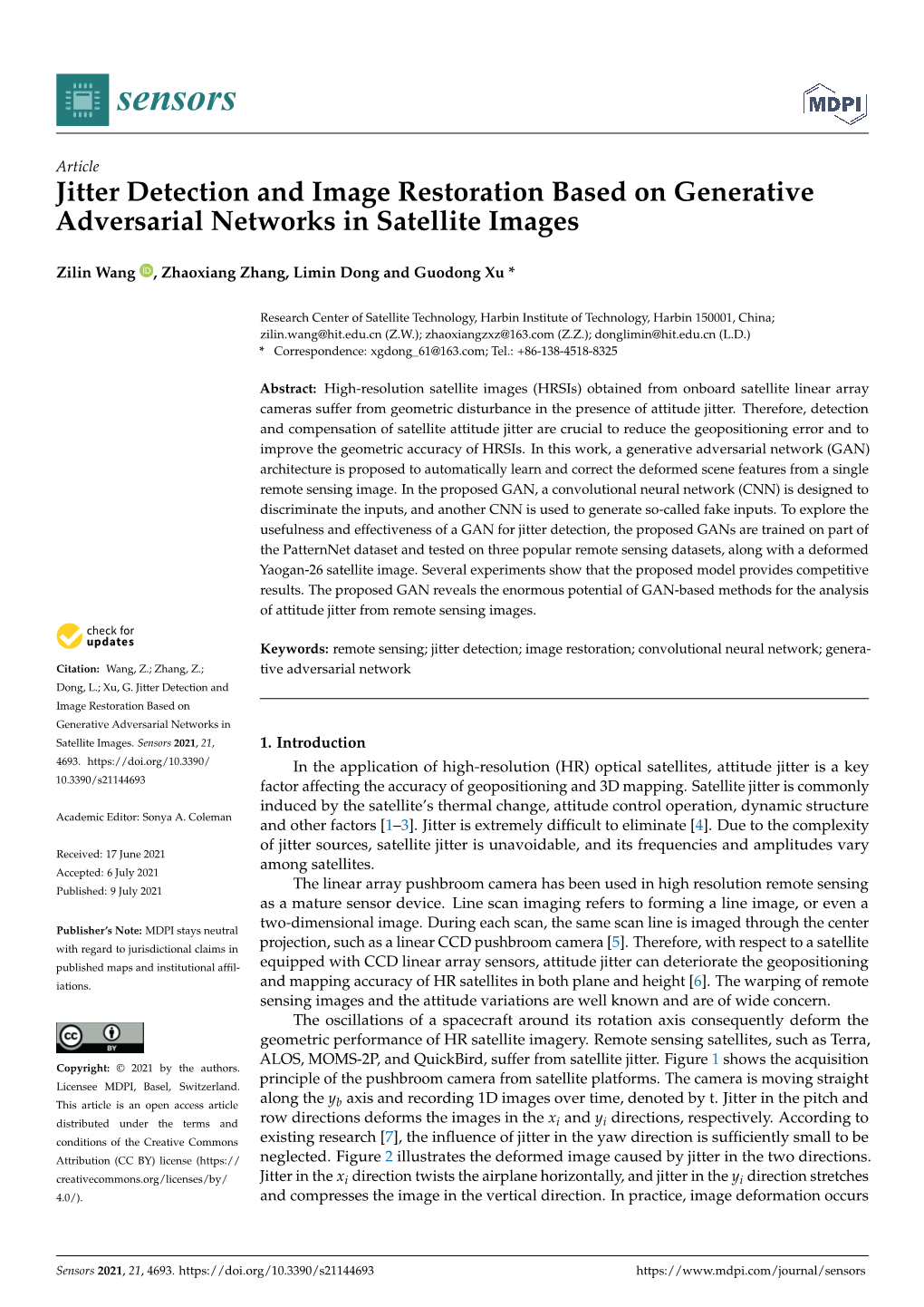 Jitter Detection and Image Restoration Based on Generative Adversarial Networks in Satellite Images