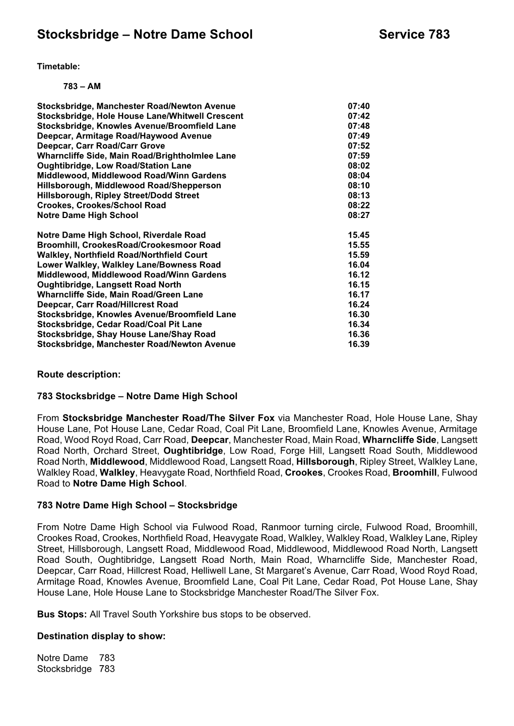 Stocksbridge – Notre Dame School Service 783