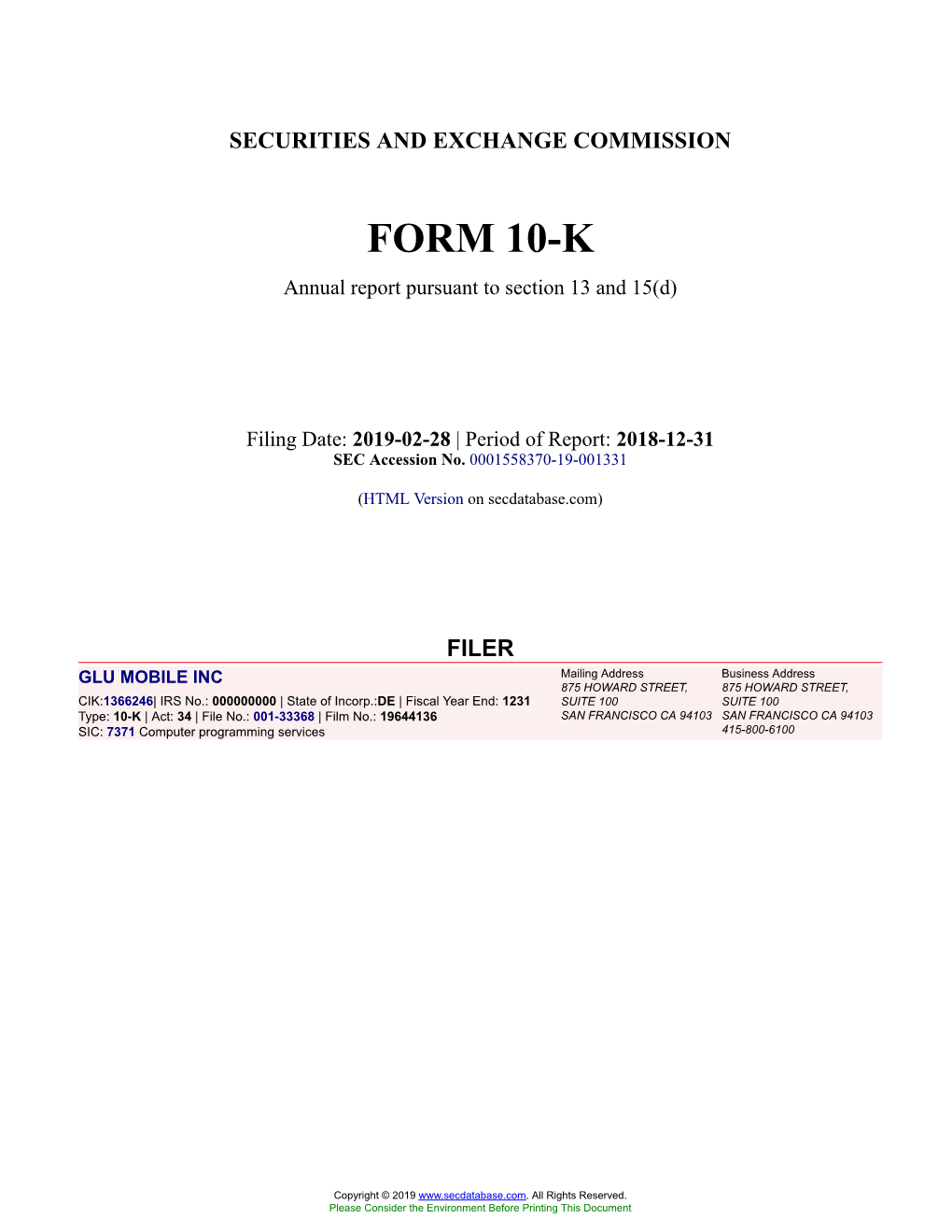 GLU MOBILE INC Form 10-K Annual Report Filed 2019-02-28
