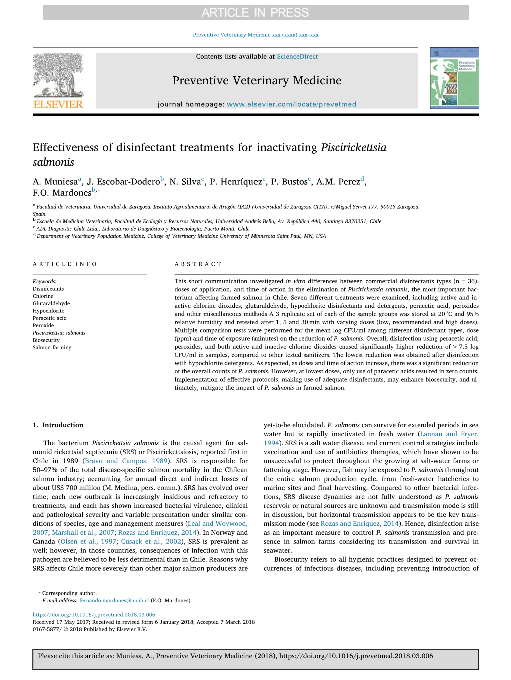 Effectiveness of Disinfectant Treatments for Inactivating Piscirickettsia Salmonis