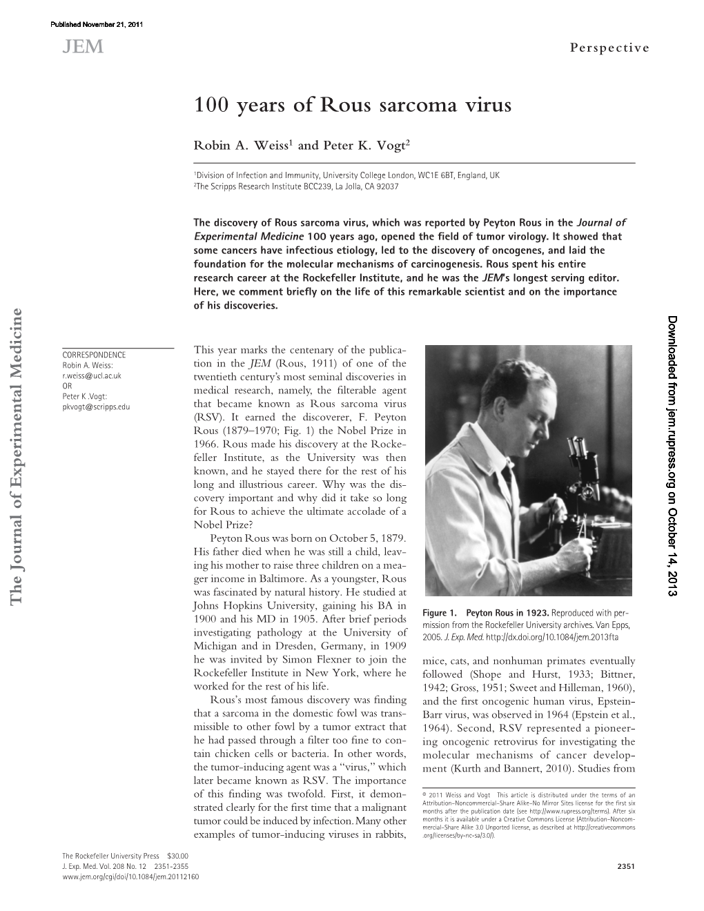 100 Years of Rous Sarcoma Virus