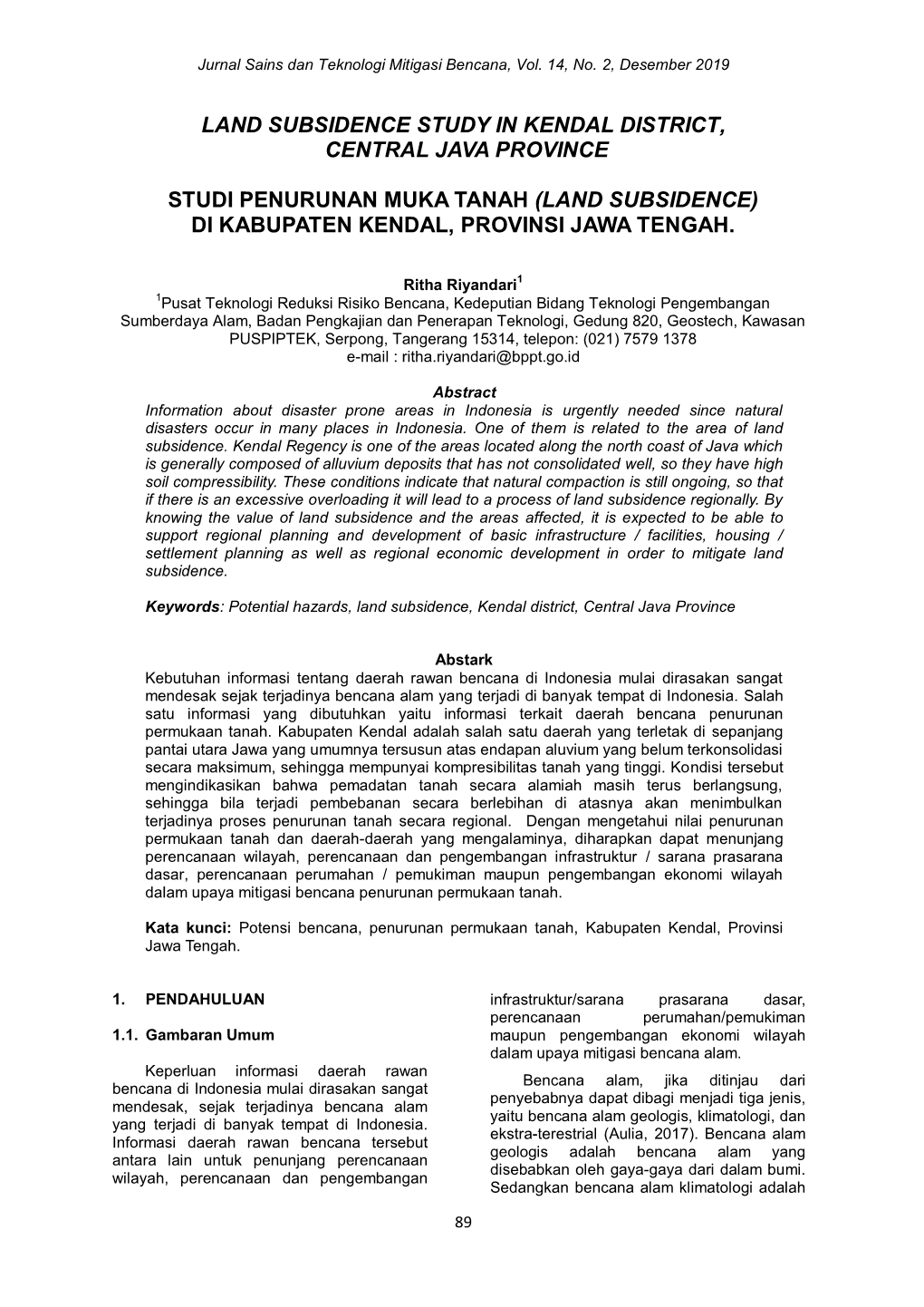 Land Subsidence Study in Kendal District, Central Java Province Studi Penurunan Muka Tanah