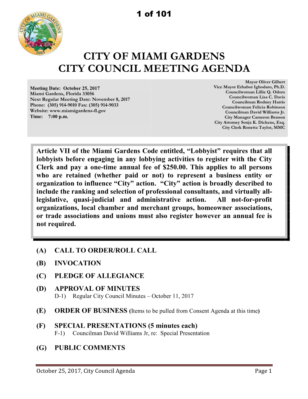 City of Miami Gardens City Council Meeting Agenda