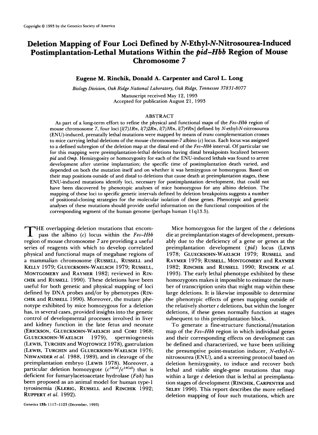 Deletion Mapping of Four Loci Defined by N-Ethyl-N-Nitrosourea-Induced Postimplantation-Lethal Mutations Within the Pid-Hb