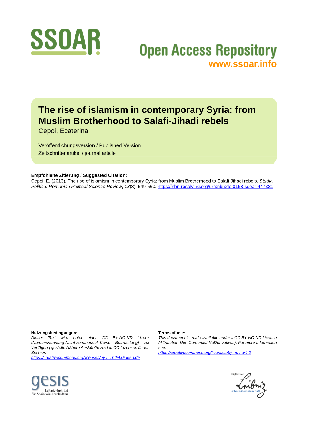 The Rise of Islamism in Contemporary Syria: from Muslim Brotherhood to Salafi-Jihadi Rebels Cepoi, Ecaterina