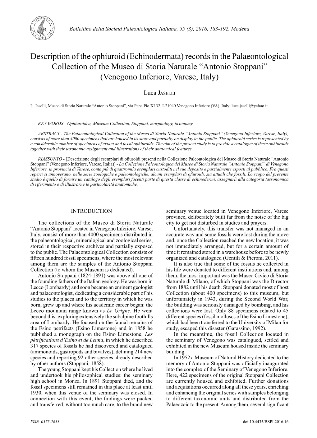 Echinodermata) Records in the Palaeontological Collection of the Museo Di Storia Naturale “Antonio Stoppani” (Venegono Inferiore, Varese, Italy)