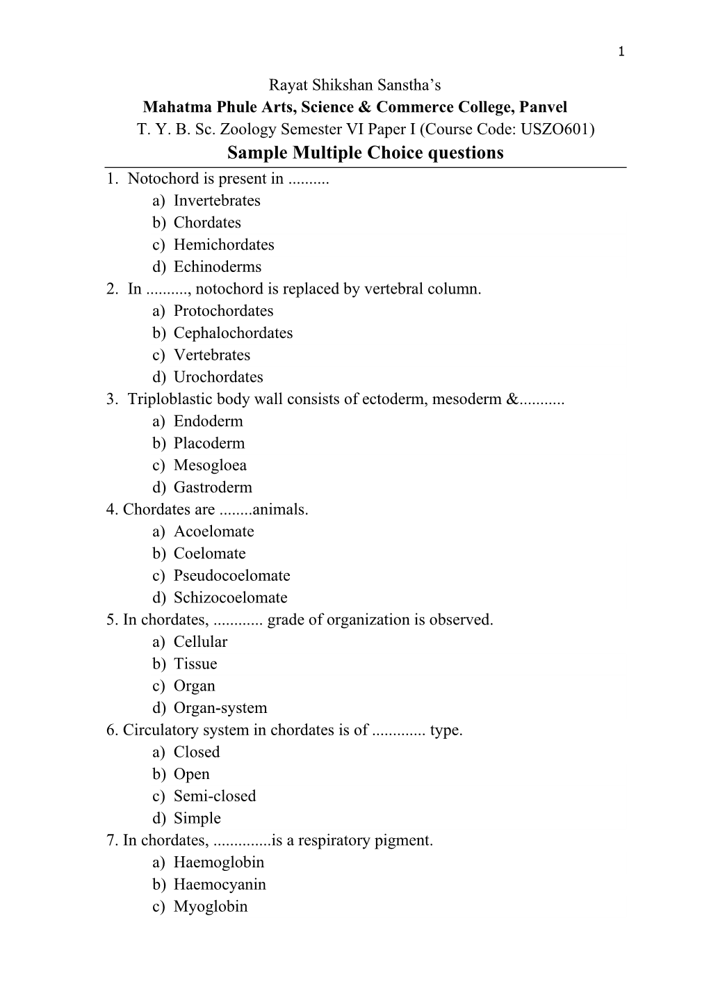 Sample Multiple Choice Questions 1