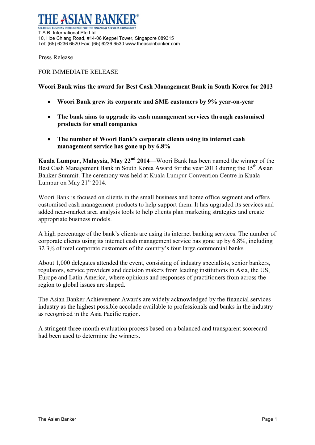 Press Release for IMMEDIATE RELEASE Woori Bank Wins The