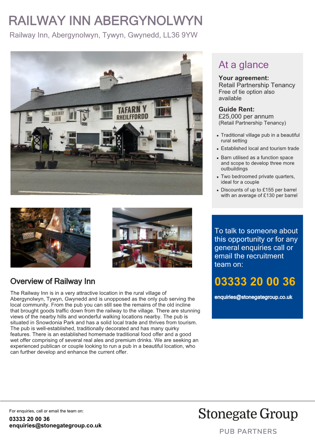 RAILWAY INN ABERGYNOLWYN Railway Inn, Abergynolwyn, Tywyn, Gwynedd, LL36 9YW