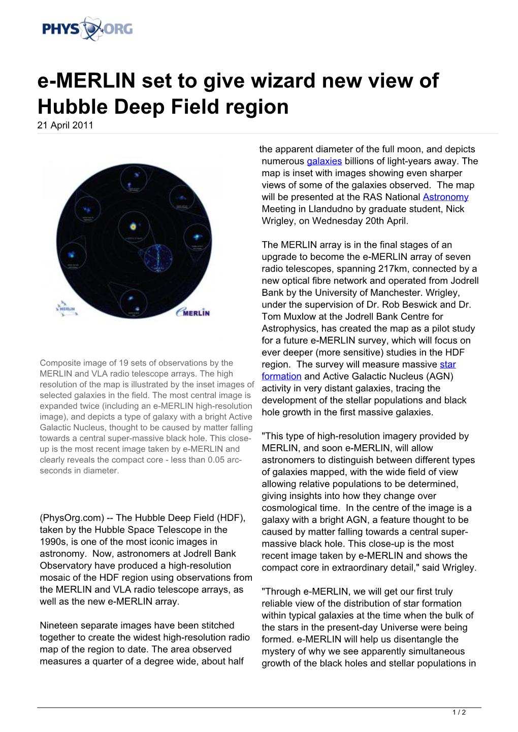 E-MERLIN Set to Give Wizard New View of Hubble Deep Field Region 21 April 2011