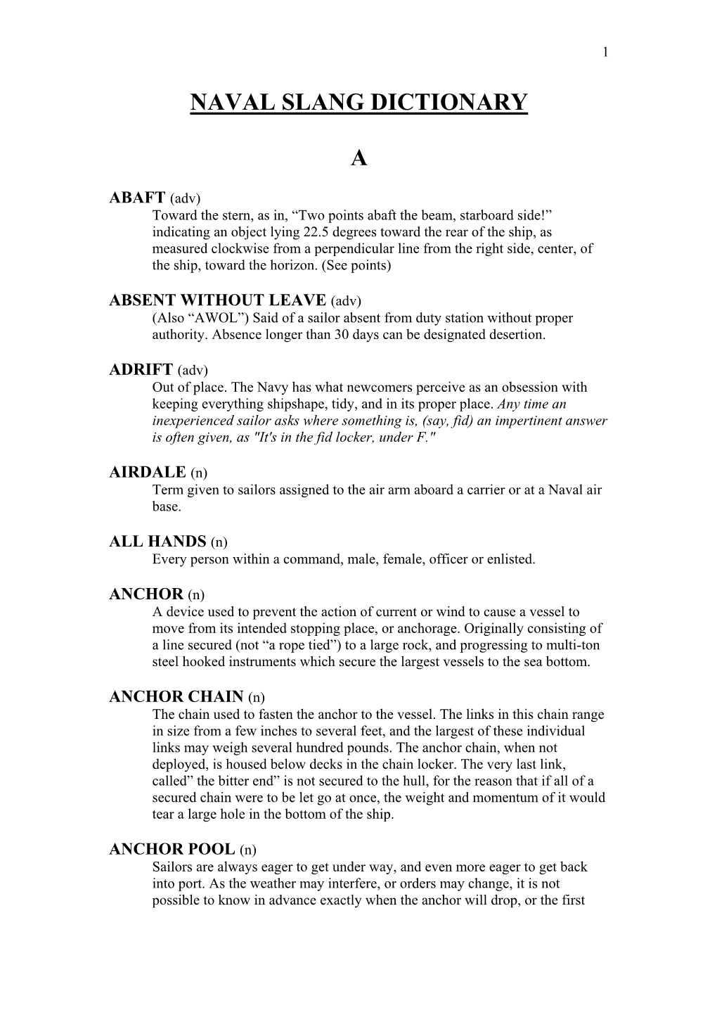 Naval Slang Dictionary A