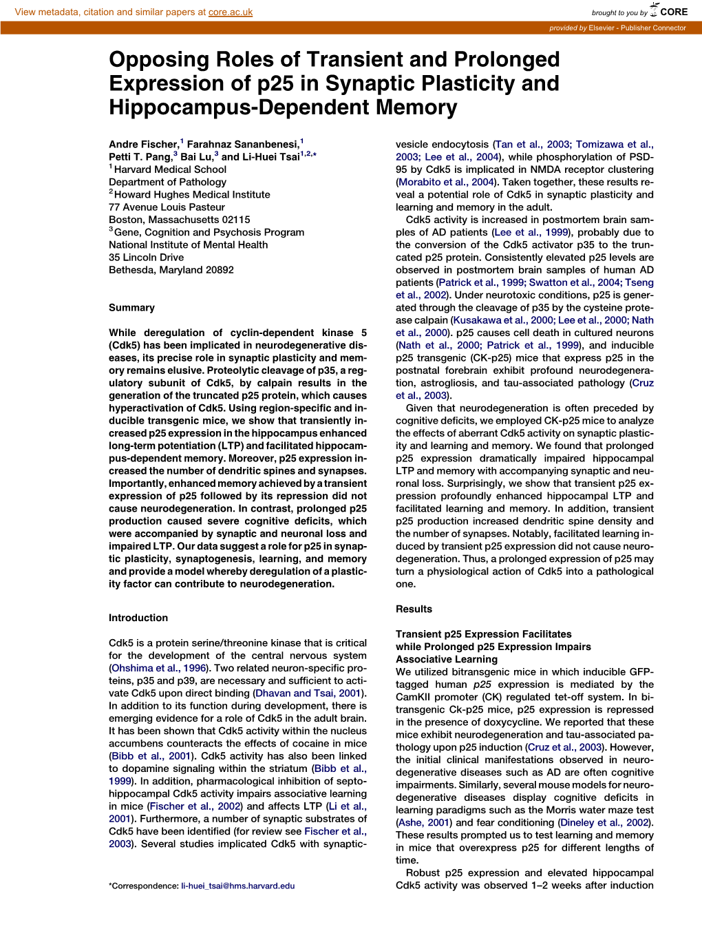 Opposing Roles of Transient and Prolonged Expression of P25 in Synaptic Plasticity and Hippocampus-Dependent Memory