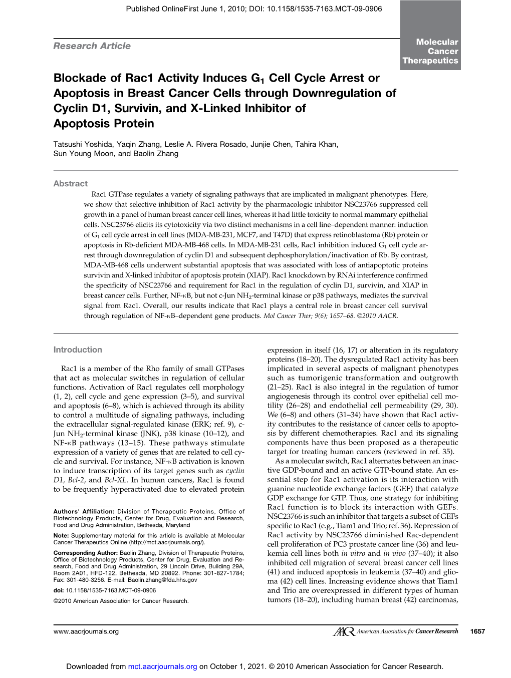 Blockade of Rac1 Activity Induces G1 Cell Cycle Arrest Or Apoptosis In