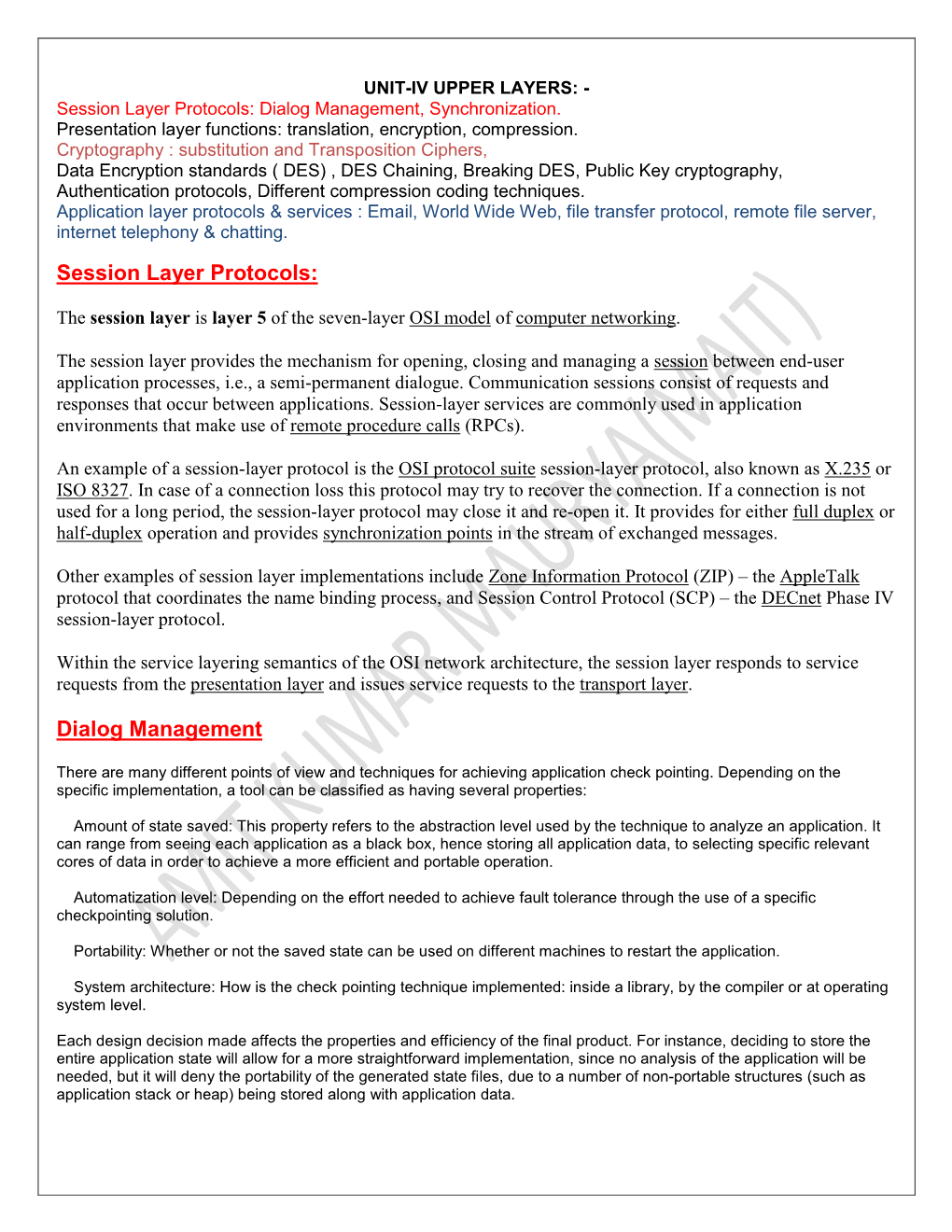 Session Layer Protocols: Dialog Management, Synchronization