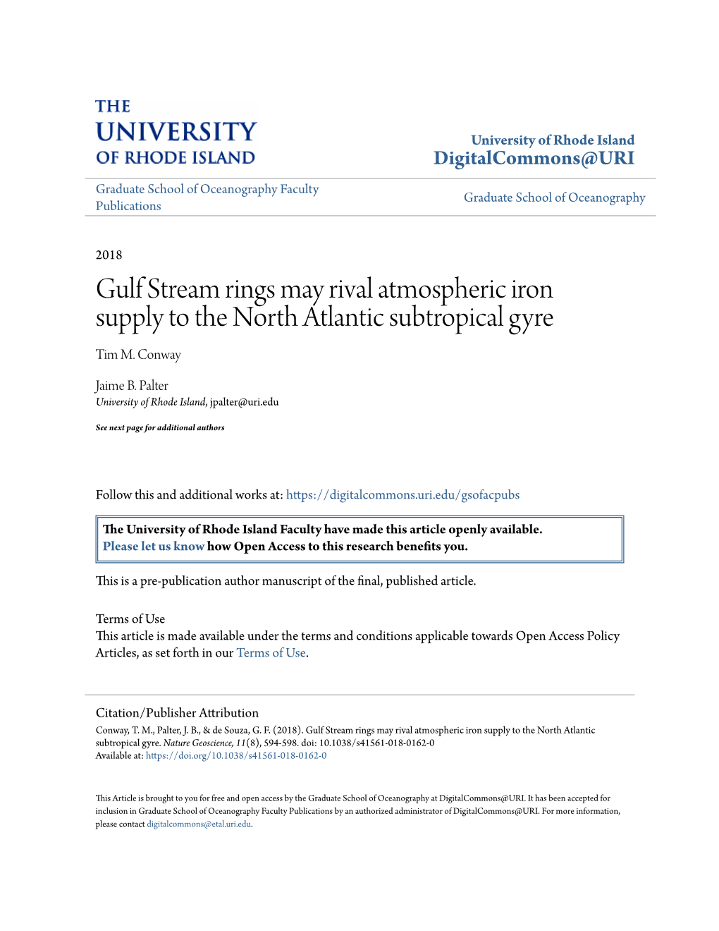 Gulf Stream Rings May Rival Atmospheric Iron Supply to the North Atlantic Subtropical Gyre Tim M