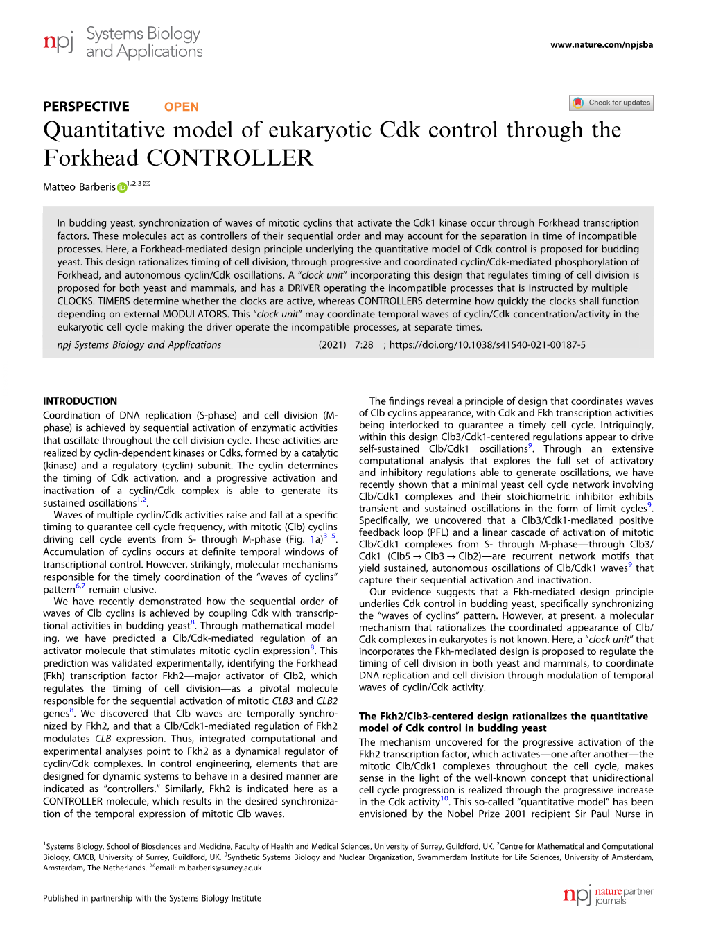 Quantitative Model of Eukaryotic Cdk Control Through the Forkhead CONTROLLER ✉ Matteo Barberis 1,2,3