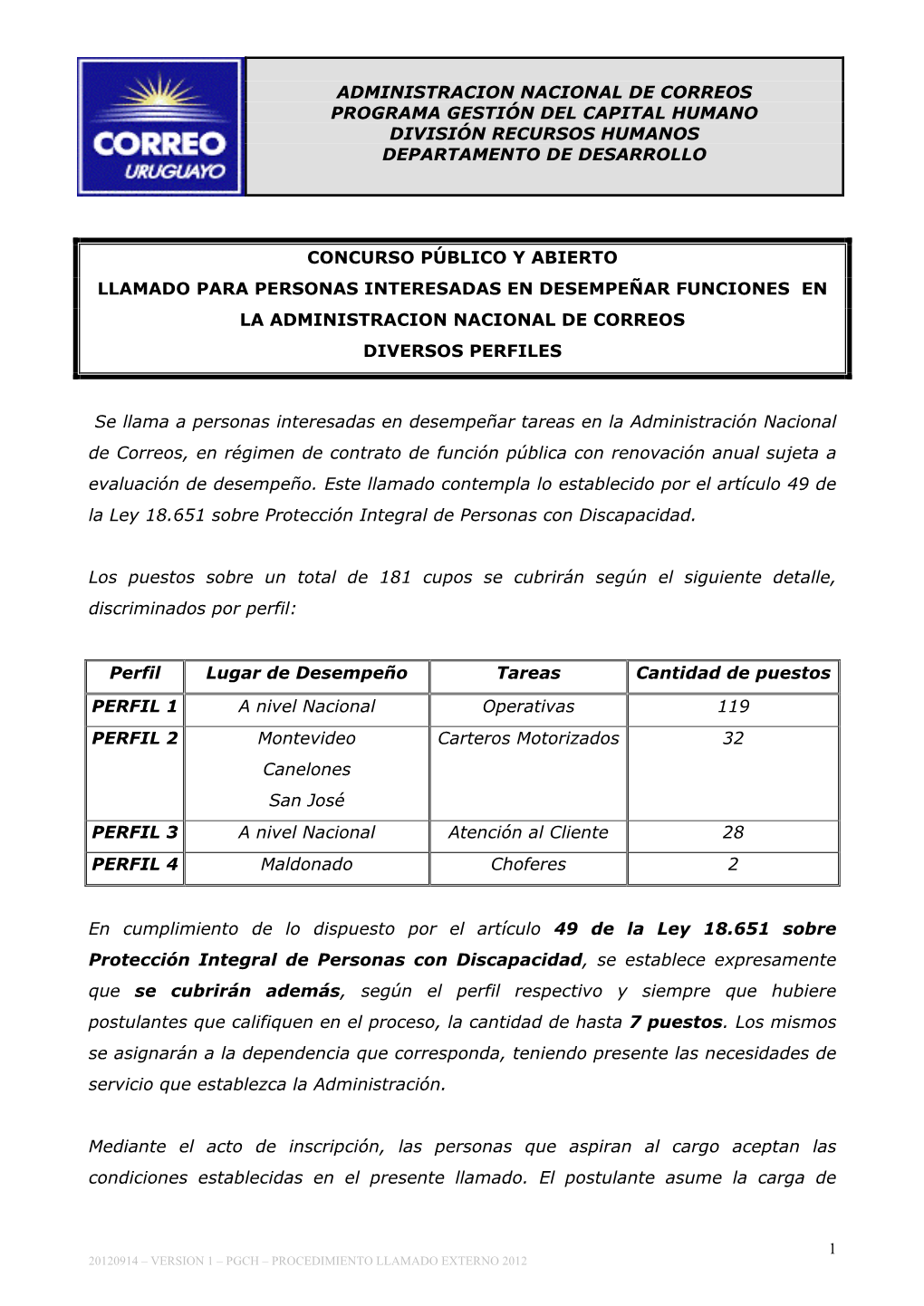 Concurso Público Y Abierto Llamado Para Personas Interesadas En Desempeñar Funciones En La Administracion Nacional De Correos Diversos Perfiles