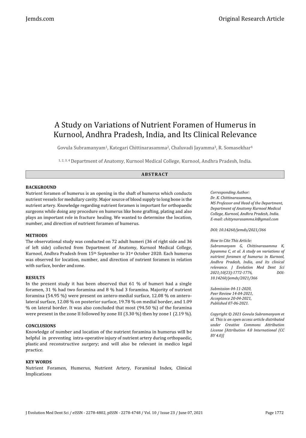 A Study on Variations of Nutrient Foramen of Humerus in Kurnool, Andhra Pradesh, India, and Its Clinical Relevance