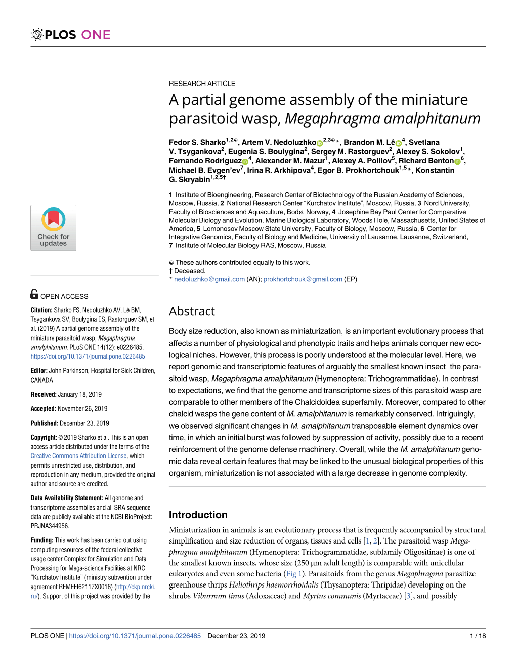 A Partial Genome Assembly of the Miniature Parasitoid Wasp, Megaphragma Amalphitanum