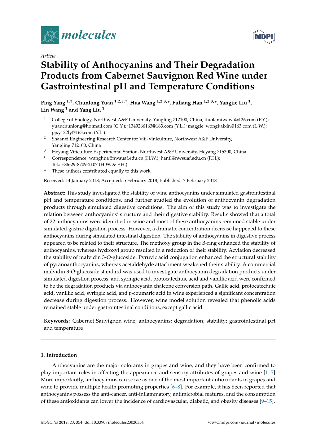 Stability of Anthocyanins and Their Degradation Products from Cabernet Sauvignon Red Wine Under Gastrointestinal Ph and Temperature Conditions