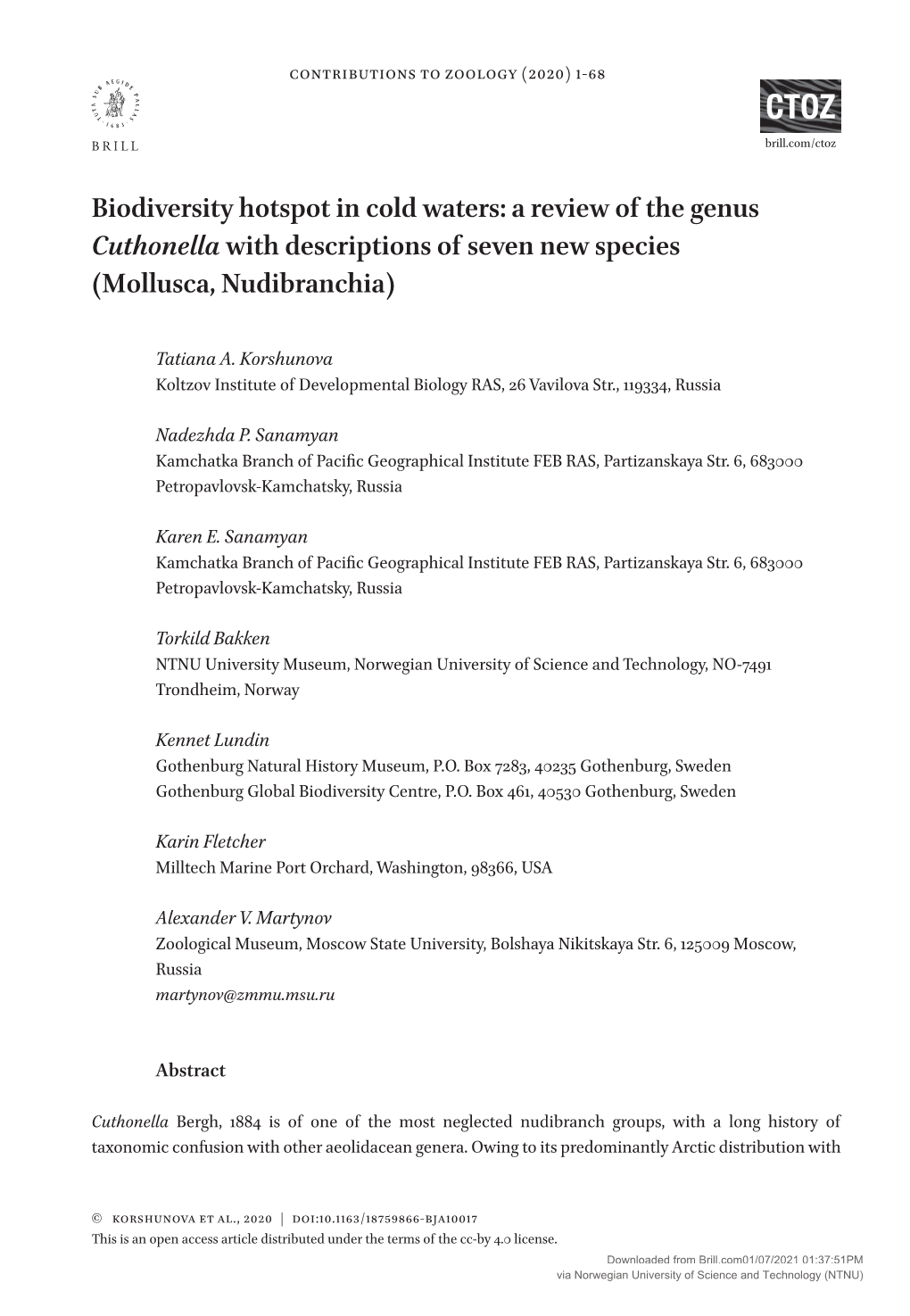 Biodiversity Hotspot in Cold Waters: a Review of the Genus Cuthonellawith